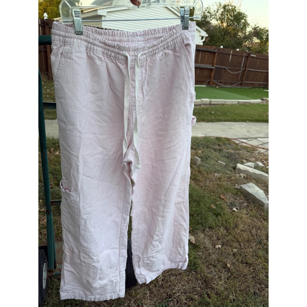 Aerie Pink Seersucker Striped Carpenter Pants Wide Leg Drawstring Medium Regular